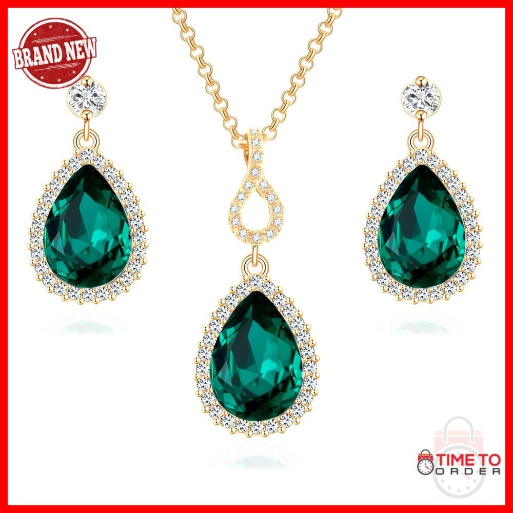 14K Gold Plated Teardrop Pendant Necklace Earrings Set Hypoallergenic